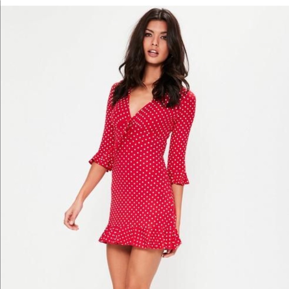 Red Polka Dot Print Frill Tea Dress